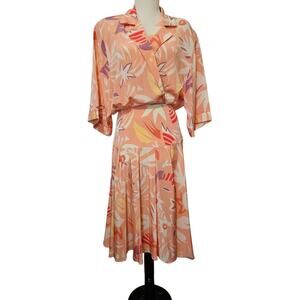 Vintage Drop Waist Midi Dress Kono New York Womens S Pleated Short Sleeve 70 80s